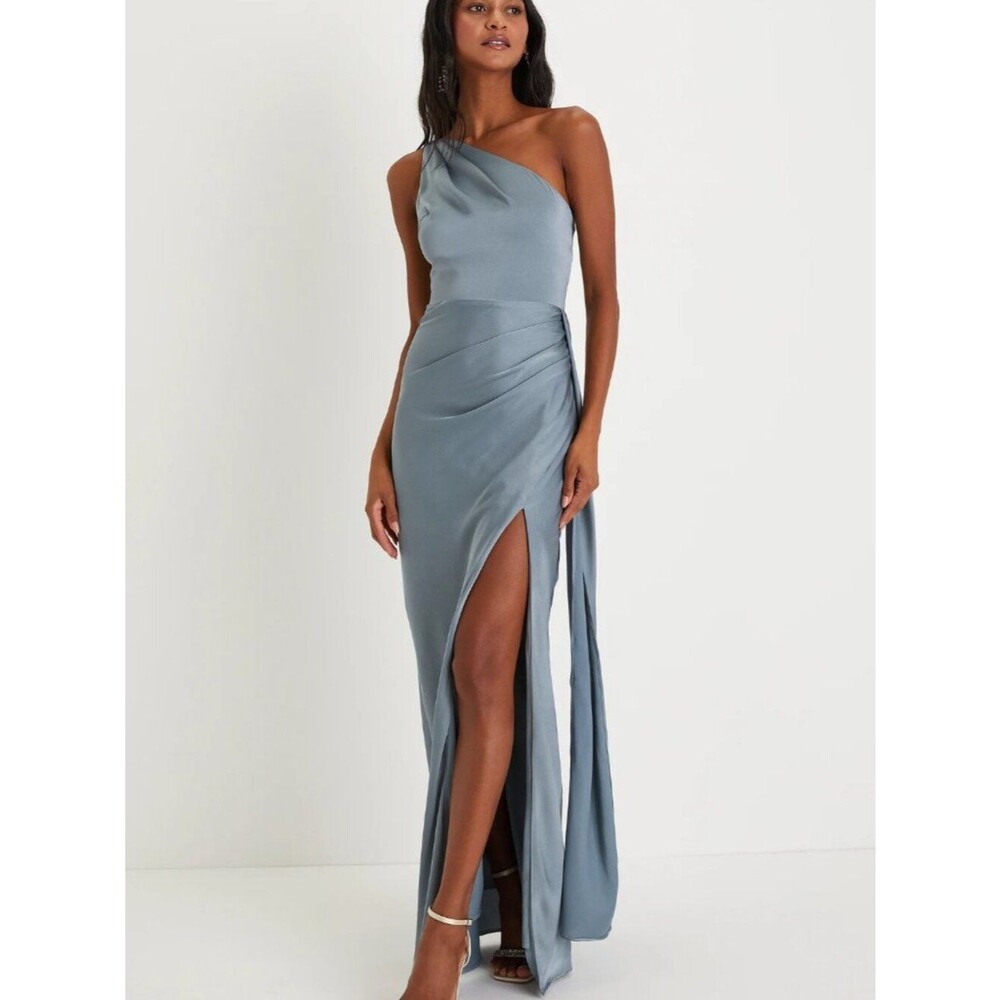 Lulus Signature Elegance Slate Blue Satin One-Shoulder Maxi Dress Size Medium